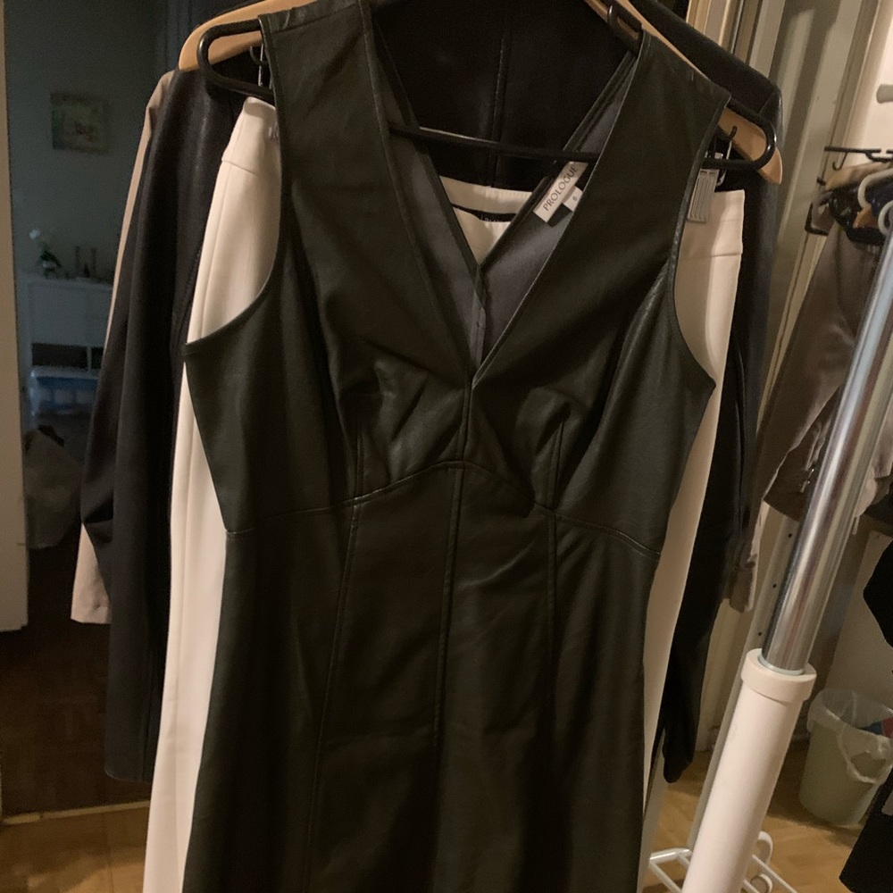 Olive “green” vegan leather dress. Mid length. Size 6.